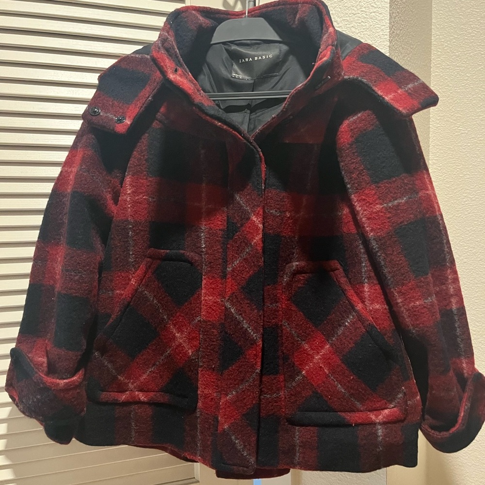 Zara Basic Red and Black Plaid Wool Swing Coat with Hood